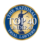 Circular blue and gold logo reading “The National Top 40 Under 40 Trial Lawyers”