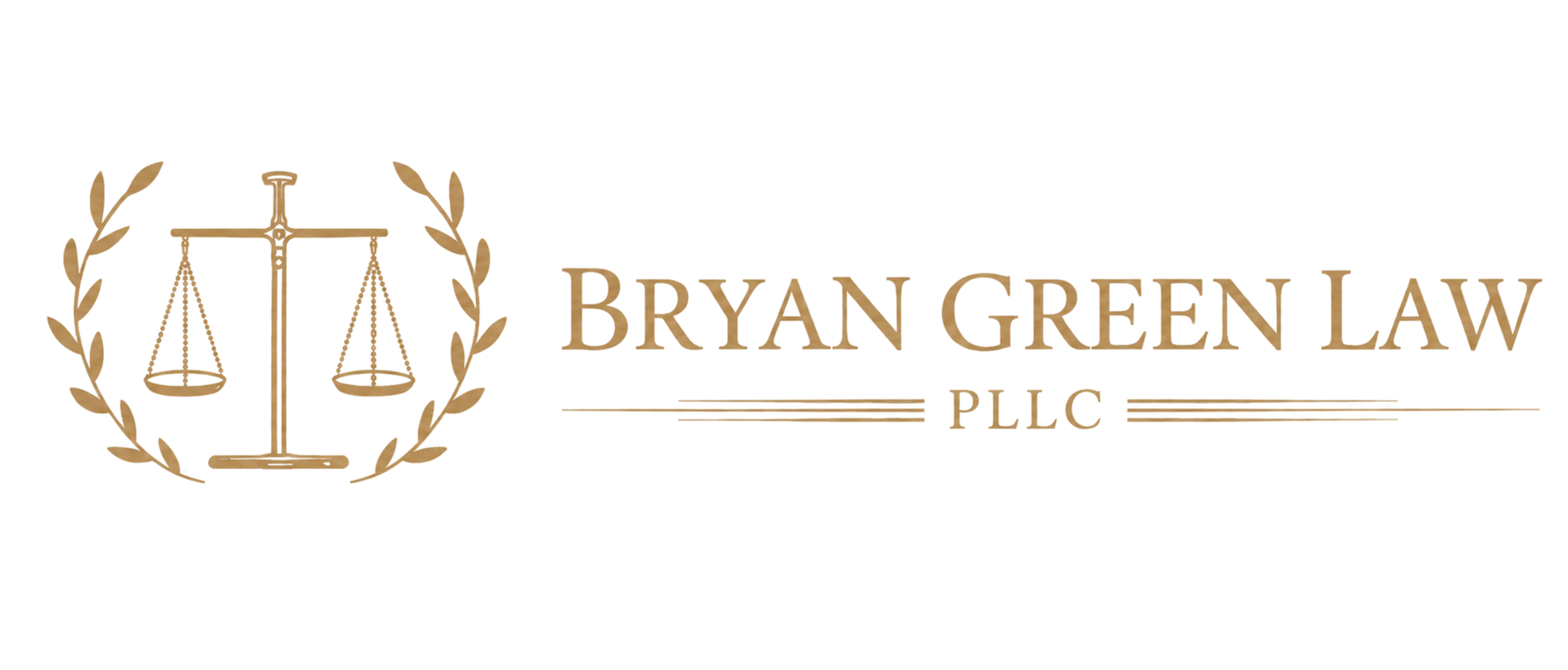 Bryan Green Law PLLC logo with gold scales of justice and laurel wreath on white background
