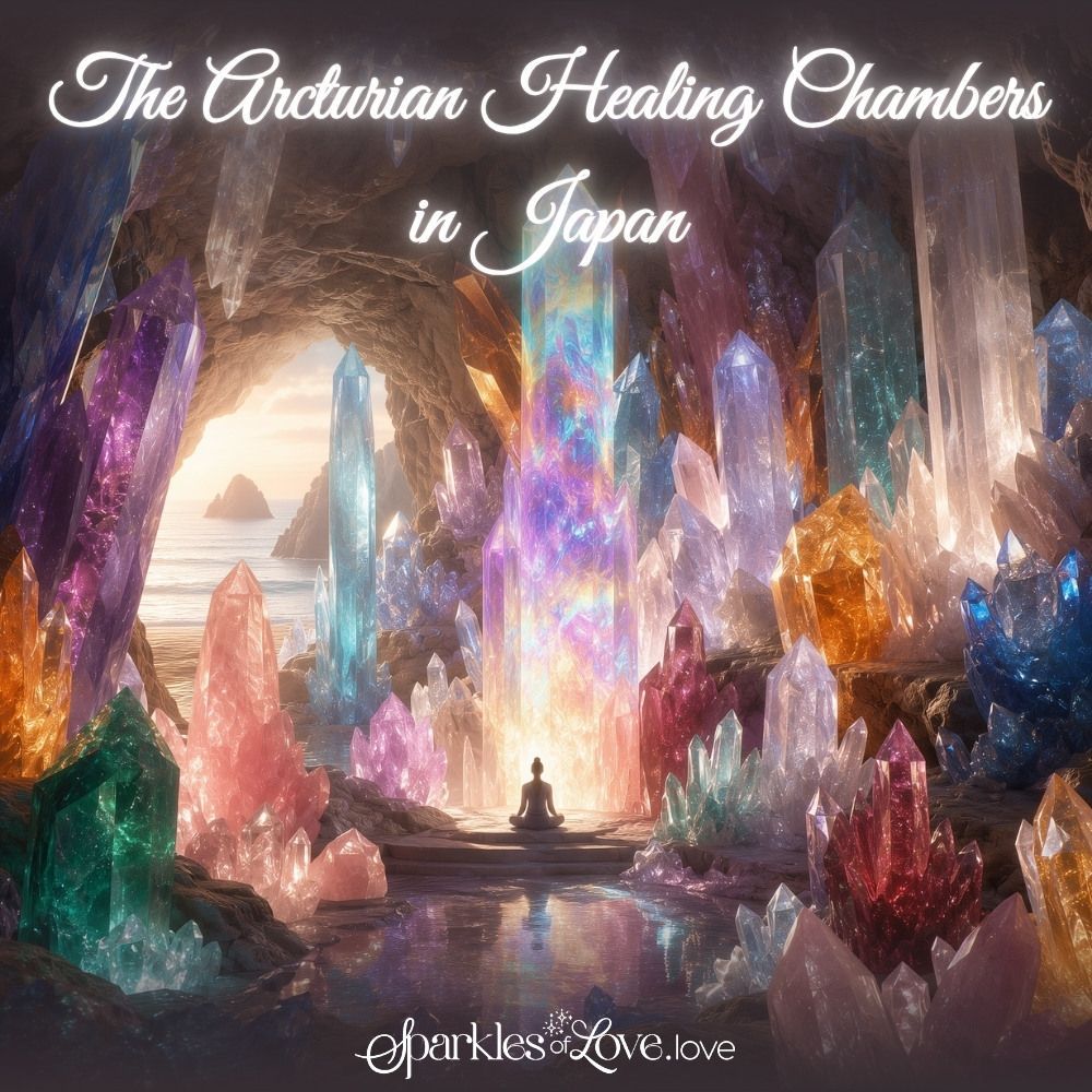 Fantasy crystal cave with glowing multicolored crystals and a meditating figure, titled “The Arcturian Healing Chambers in Japan”