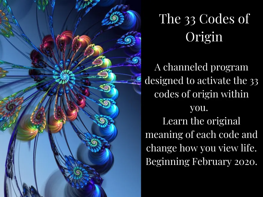 Abstract blue, purple, and gold spiral artwork with text for “The 33 Codes of Origin” program