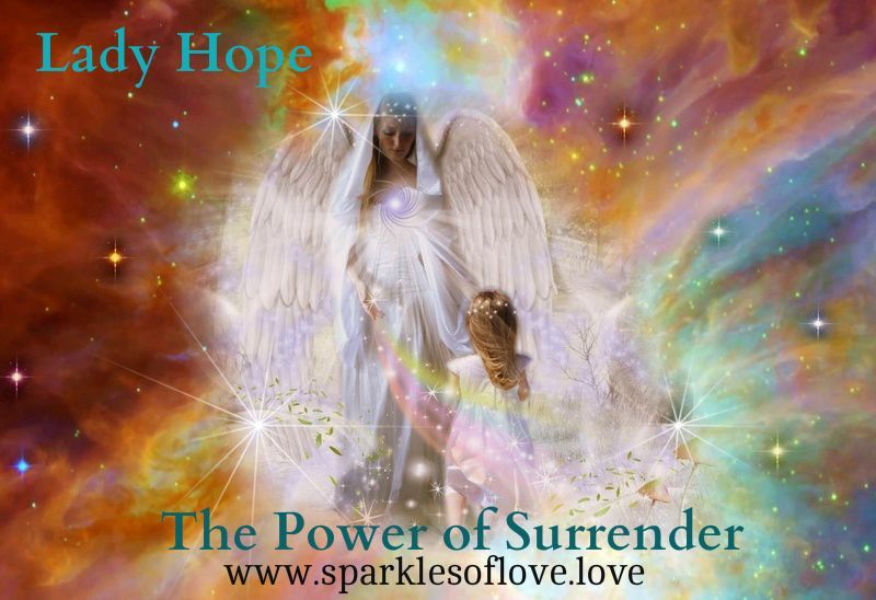 Angelic figure with white wings in a glowing cosmic scene, titled “Lady Hope” and “The Power of Surrender”