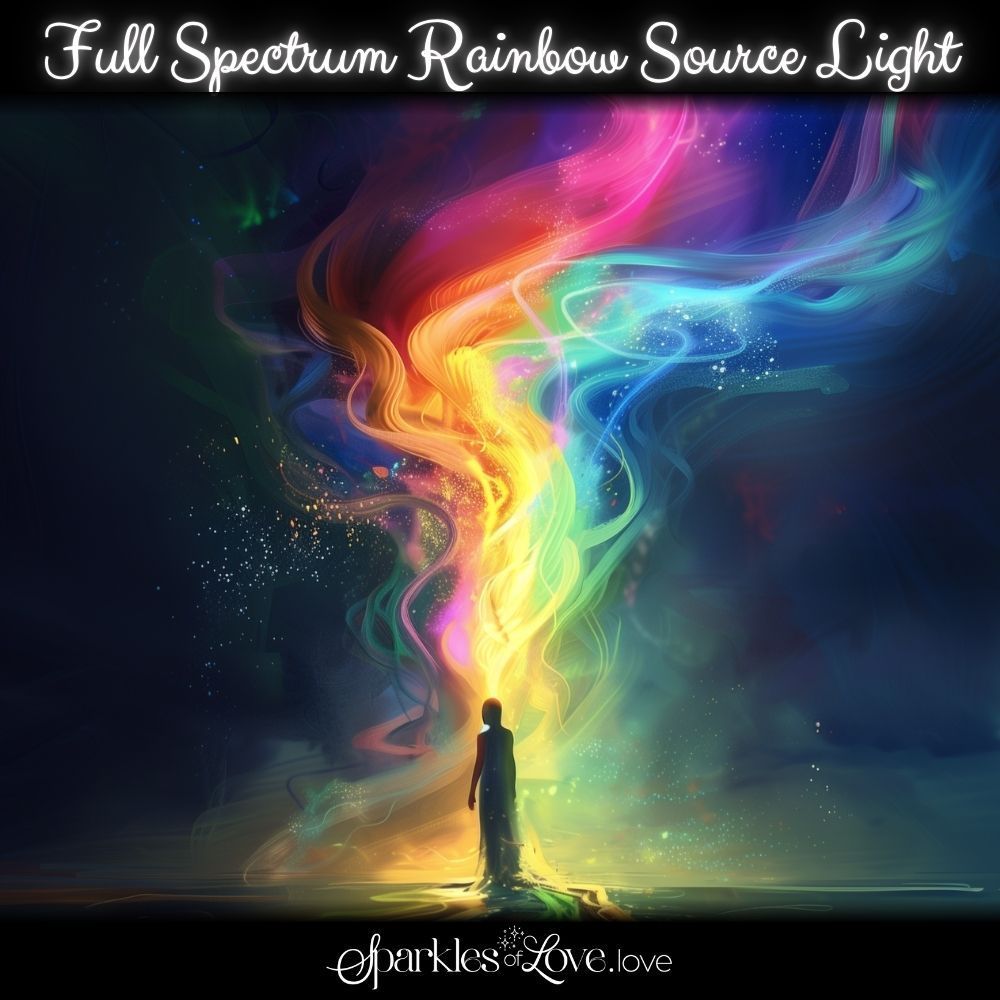 Silhouette beneath a rainbow light swirl rising into a colorful cosmic sky