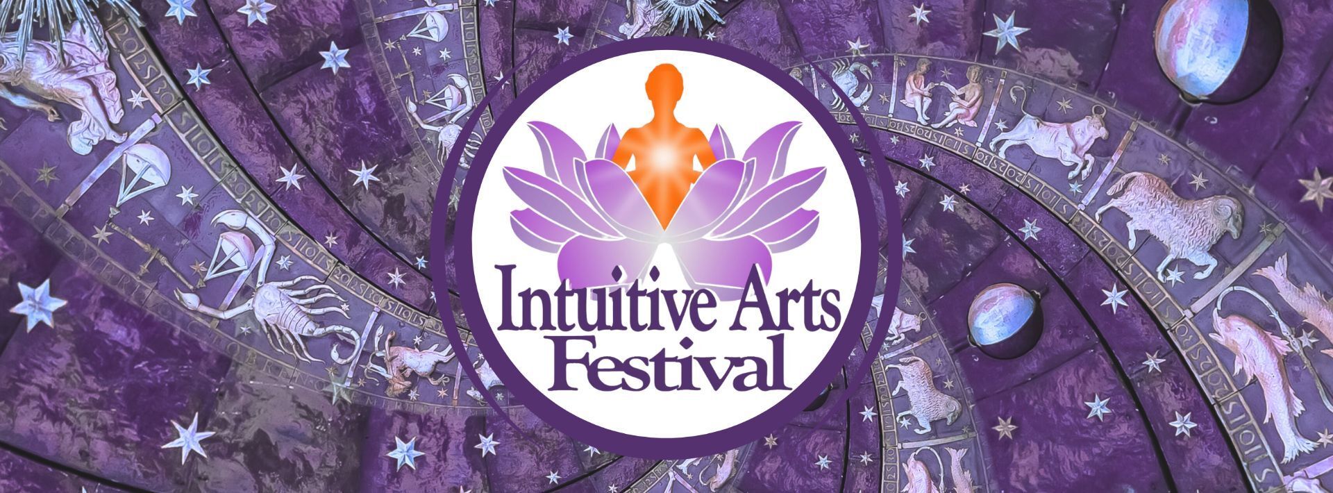 Intuitive Arts Festival logo with purple mystical background, fairy silhouette, moon, stars, and tree branches