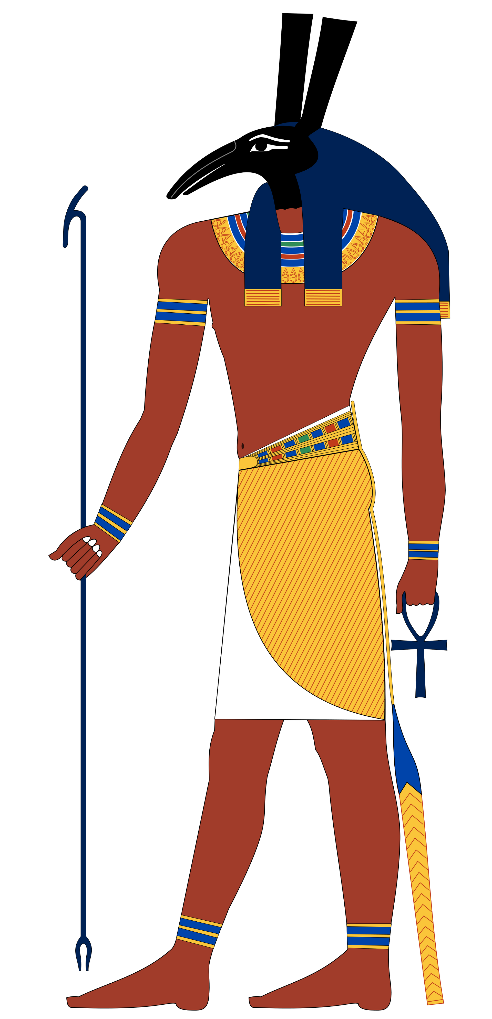 Egyptian-style statue illustration with blue headdress, red and gold clothing, and a staff and ankh symbols