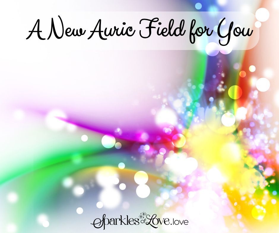Abstract colorful sparkles and light streaks with text “A New Aureic Field for You” and “Sparklesoflove.love”