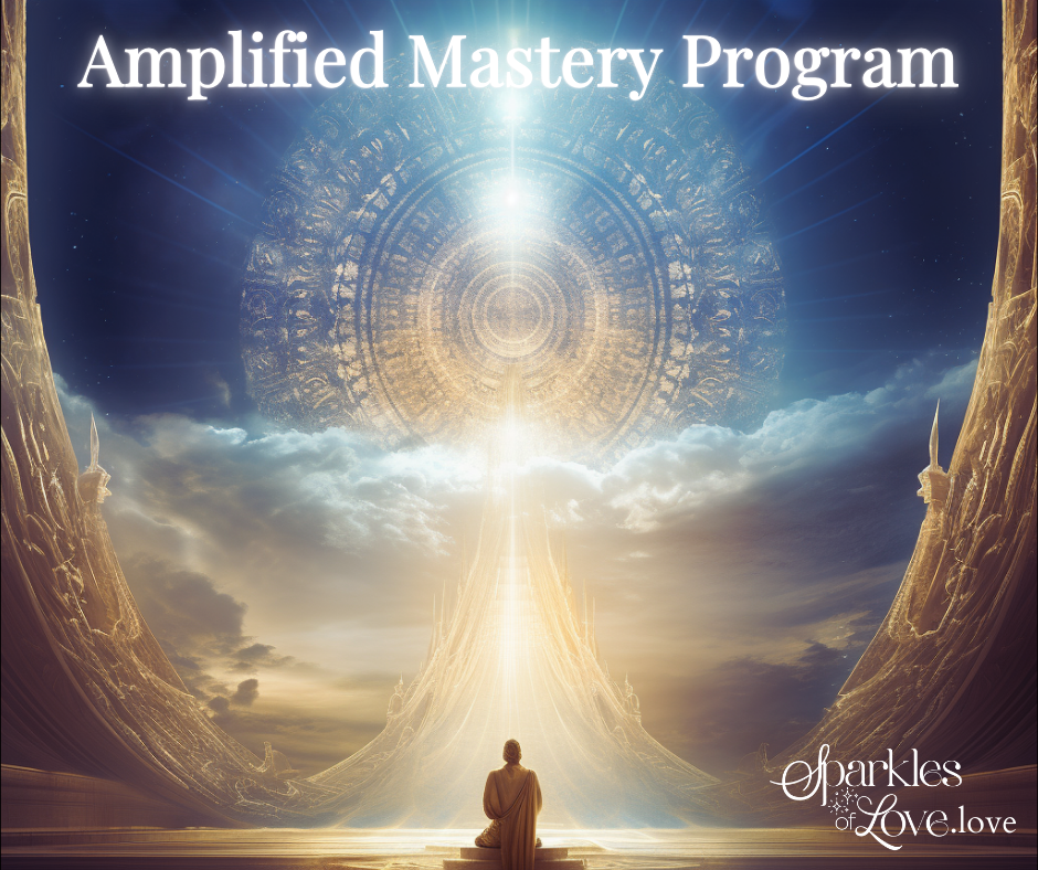 Amplified Mastery Program title over a radiant celestial scene with a seated figure beneath a glowing light