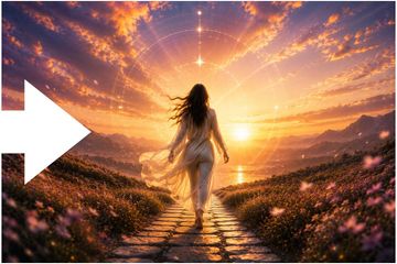 Silhouette of a woman walking a path at sunrise through a glowing, spark-filled landscape