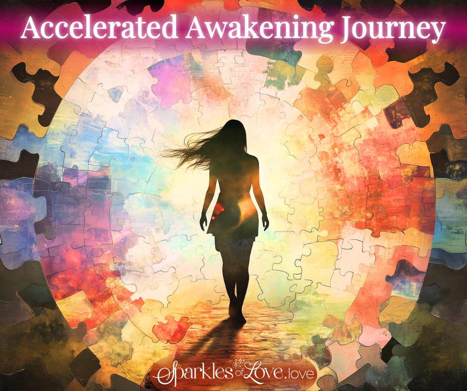 Silhouette walking toward glowing light amid colorful abstract gears, with “Accelerated Awakening Journey” text above.