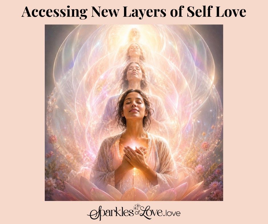Woman in glowing meditation beneath radiant light, with title “Accessing New Layers of Self Love”