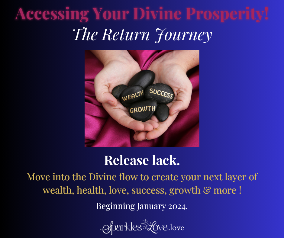 Promotional flyer with hands holding a heart, promoting release of lack and divine prosperity in purple and pink.