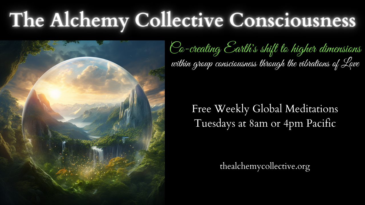 Promotional poster for “The Alchemy Collective Consciousness” with glowing landscape orb and event details