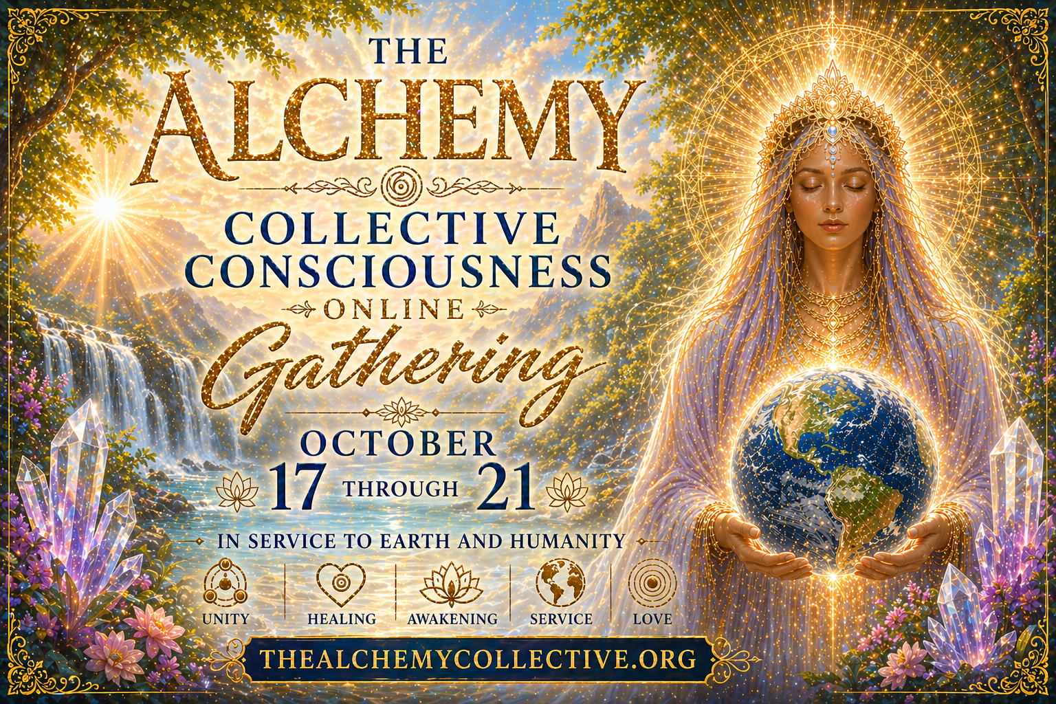 Alchemy Collective Consciousness online gathering poster with glowing figure and celestial blue-purple background