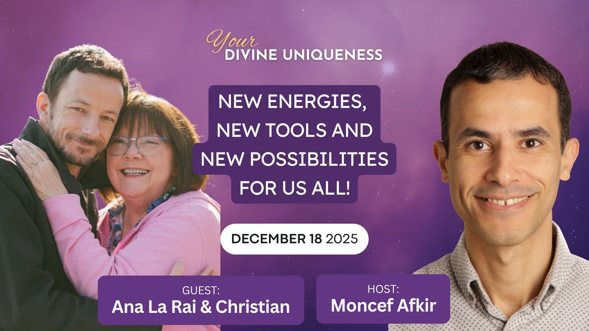 Purple Divine Uniqueness banner with smiling couple and man