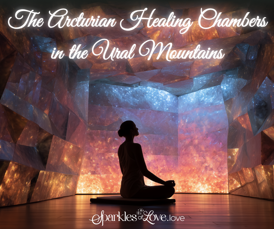 Silhouette meditating in a glowing crystal cavern with text: “The Victorian Healing Chambers in the Ural Mountains”