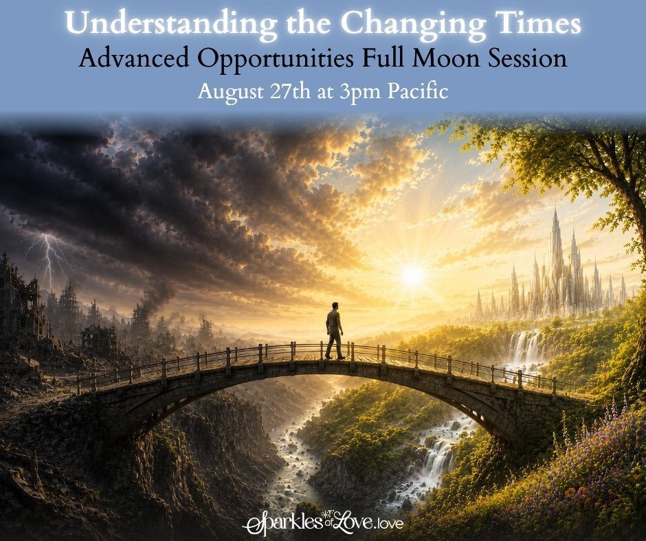 Sunlit bridge over misty forest with a person silhouetted; text announces an August 27 full moon session.
