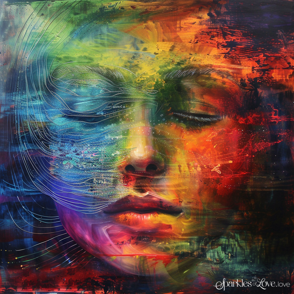 Abstract multicolored face with closed eyes, painted in blue, green, yellow, and red brushstrokes