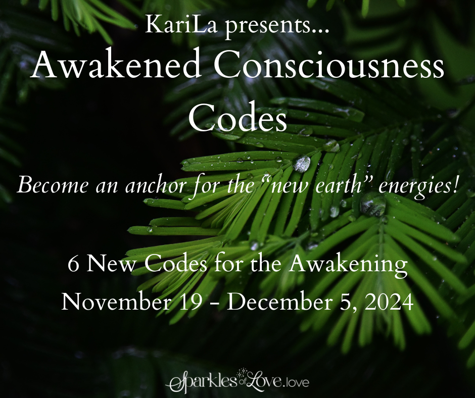 Dark green foliage backdrop with white text for “Awakened Consciousness Codes” event, Nov. 19-Dec. 5, 2024.