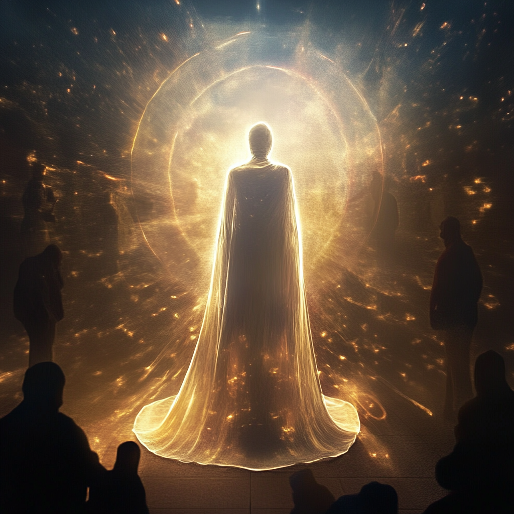 Glowing robed figure stands before a radiant halo, with silhouetted onlookers in a dark, sparkles-filled scene