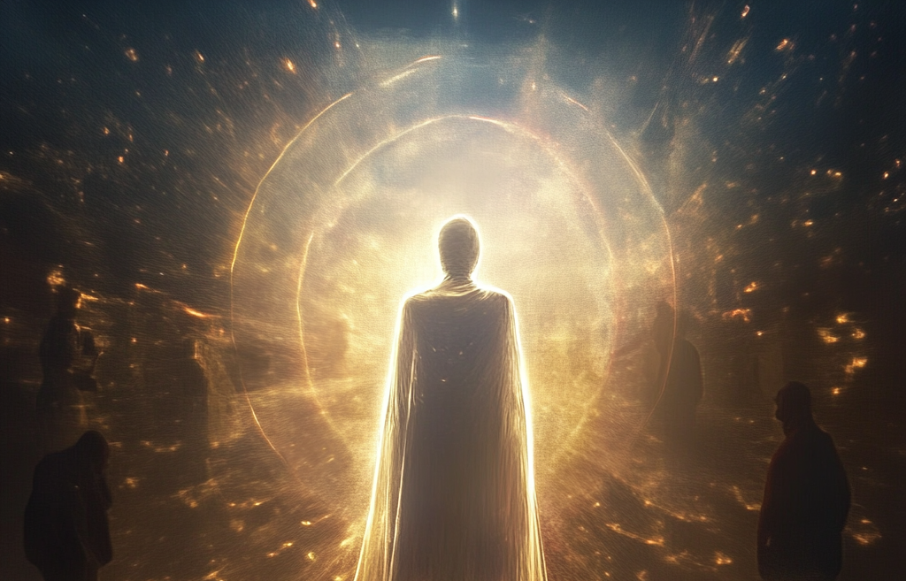 Silhouetted figure in a glowing golden portal, with sparkles in the background