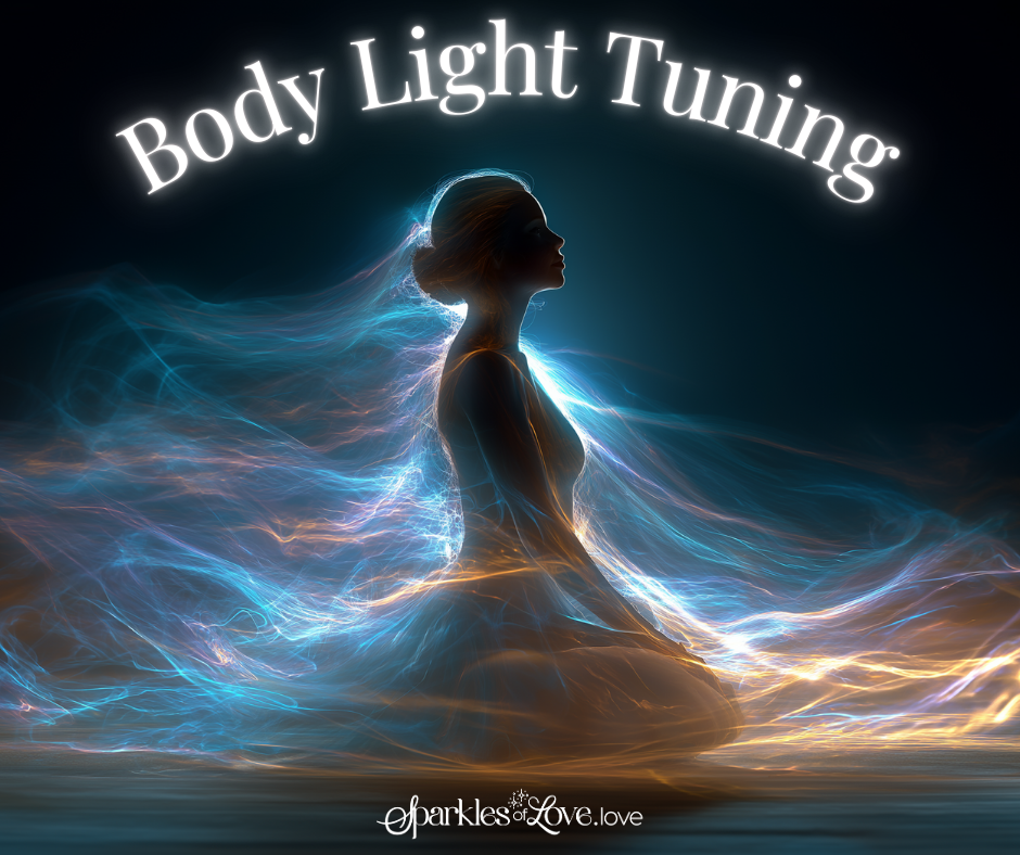 Silhouetted person meditating amid glowing blue and gold light trails, with “Body Light Tuning” above.