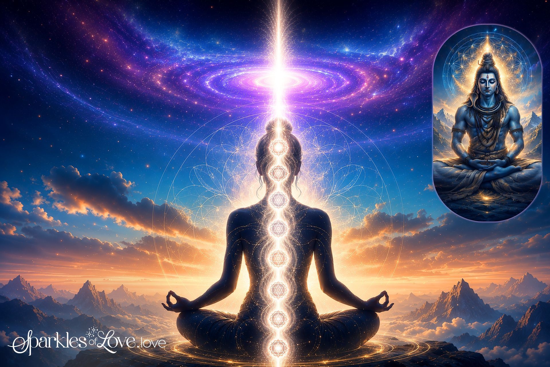 Silhouetted figure meditating beneath a radiant cosmic energy beam, with stars, mountains, and a glowing galaxy