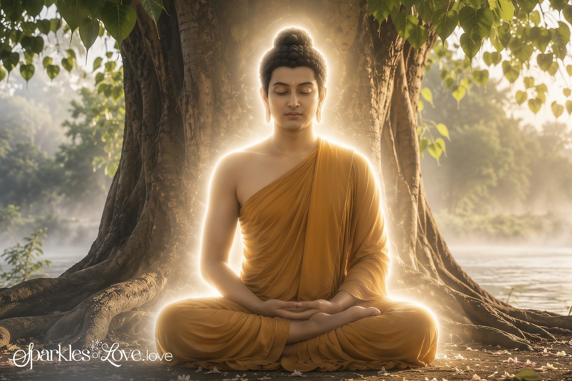 Buddha meditating under a tree in soft morning light, with misty background