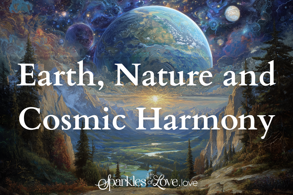 Earth, Nature and Cosmic Harmony title over a dreamy landscape with glowing blue planet and starry sky