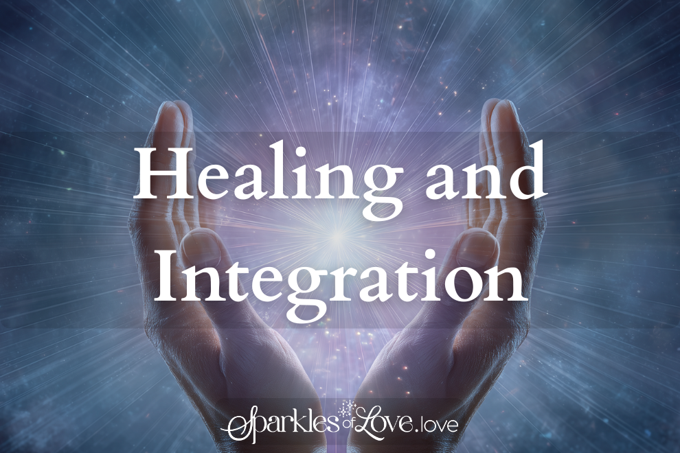Hands cupped around glowing light with “Healing and Integration” text over a blue cosmic background