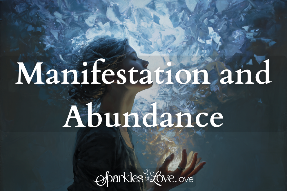 Title text “Manifestation and Abundance” over a blue abstract background with hands reaching upward