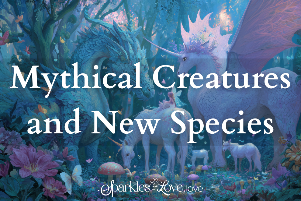 Fantasy forest scene with unicorns and glowing creatures, titled “Mythical Creatures and New Species”