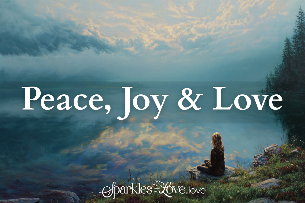 Peace, Joy & Love over a misty lake with a person sitting by the shore at sunrise