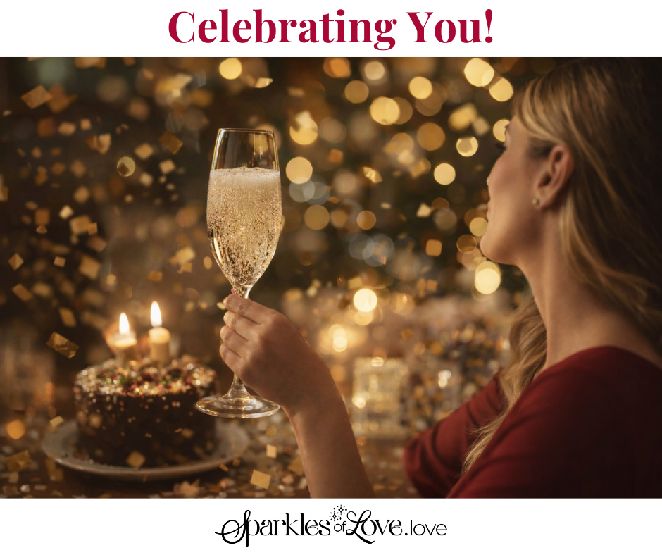 Woman toasting champagne by a birthday cake at a candlelit celebration with “Celebrating You!” text