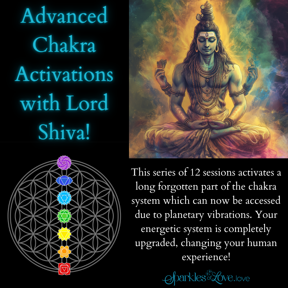 Promotional graphic for “New Chakra Activations with Lord Shiva,” with a seated Shiva statue and chakra diagram