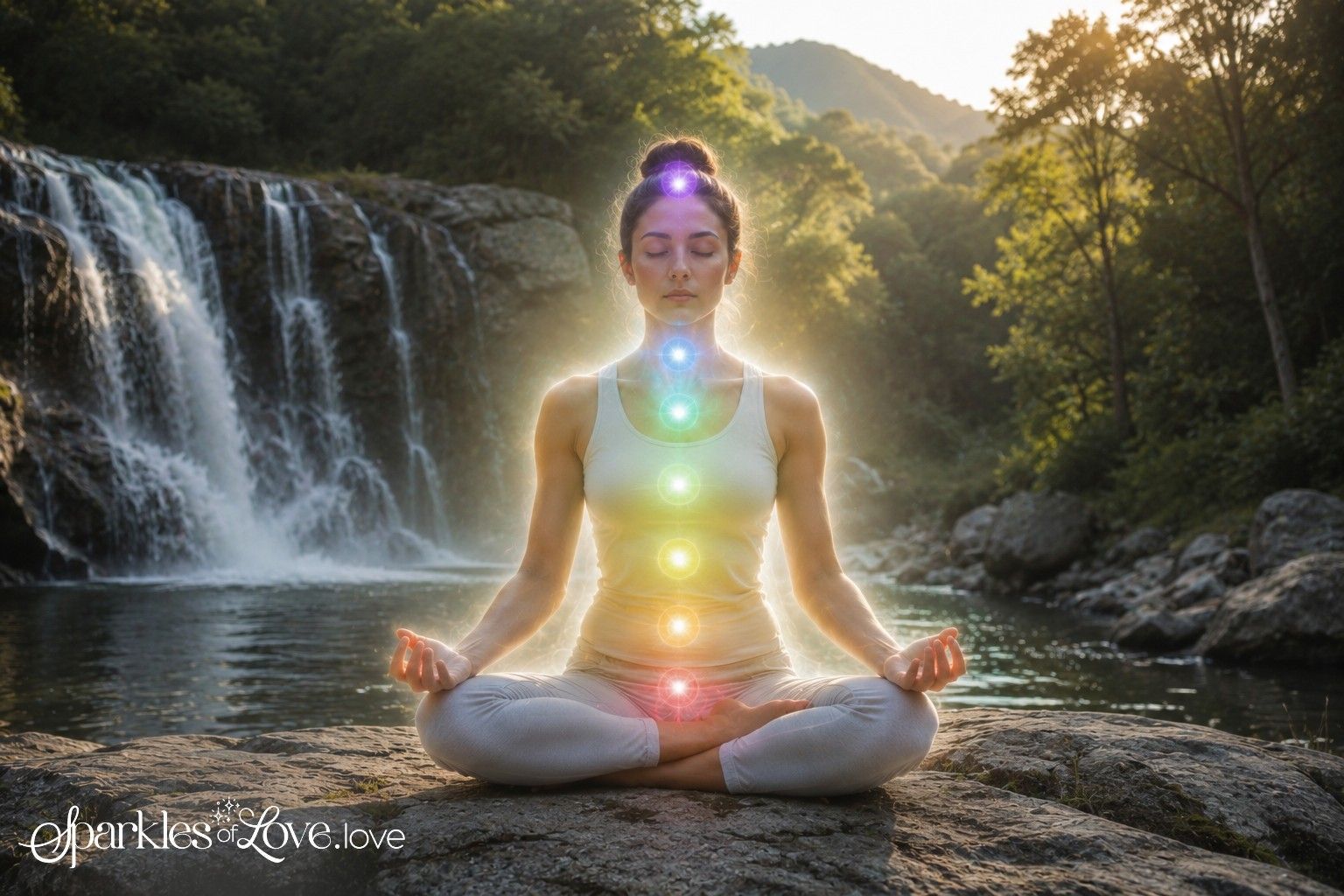 Woman in meditation pose with activated chakras
