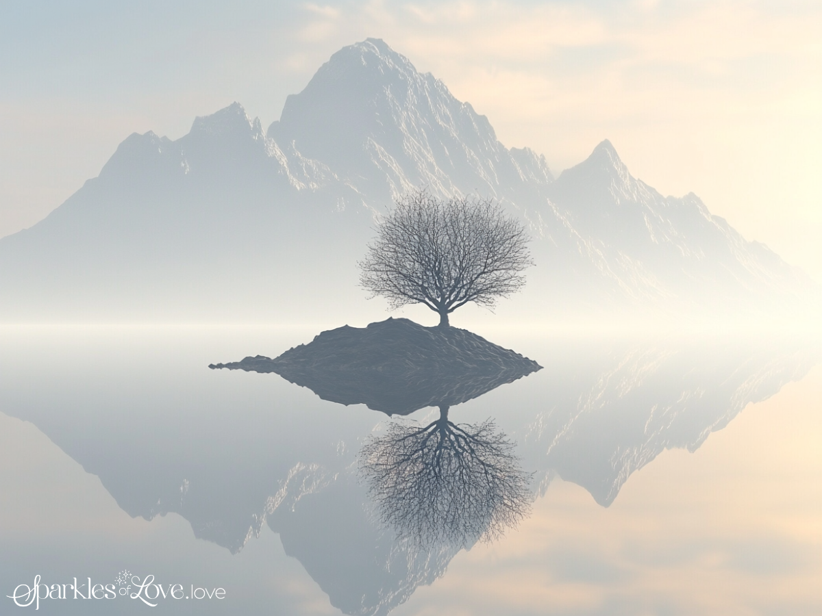 Tree on a tiny island reflected in still water, with misty mountains in the background.