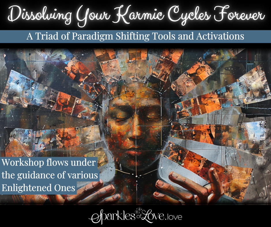 Workshop promo with abstract face, orange-blue shards, and text: “Dissolving Your Karmic Cycles Forever.”