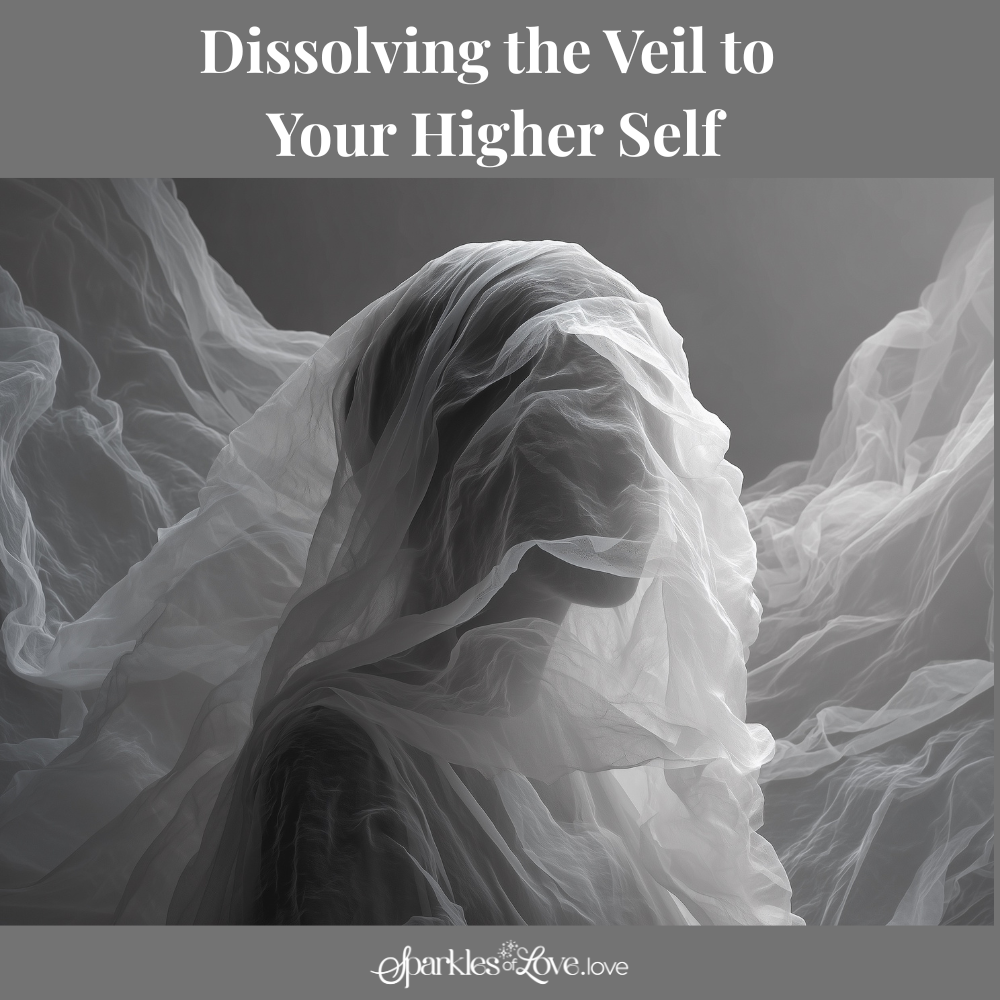 Monochrome abstract figure in flowing fabric with text: “Dissolving the Veil to Your Higher Self”
