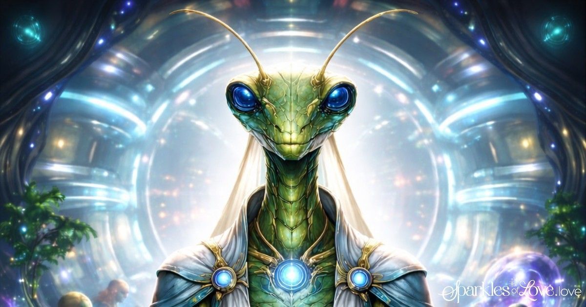 Dr. Lorphan, glowing green alien-like mantis figure centered in a futuristic, blue-lit tunnel with radiant energy rings