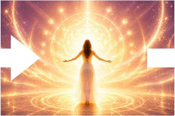 Woman with arms outstretched before a glowing golden celestial portal with swirling light