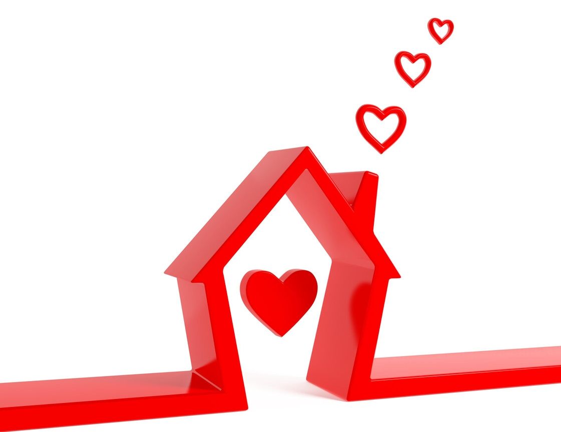 Red heart-shaped house outline with a heart inside and three smaller hearts floating upward on a white background