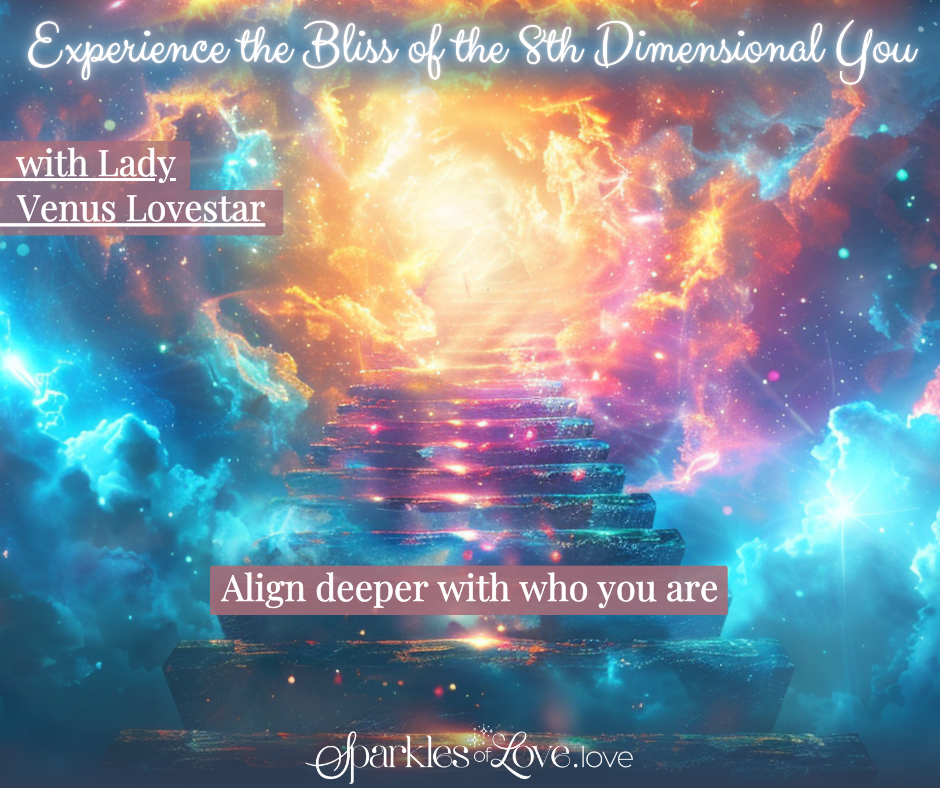 Glowing cosmic stairway through clouds with text: “Experience the Bliss of the 5th Dimensional You.”