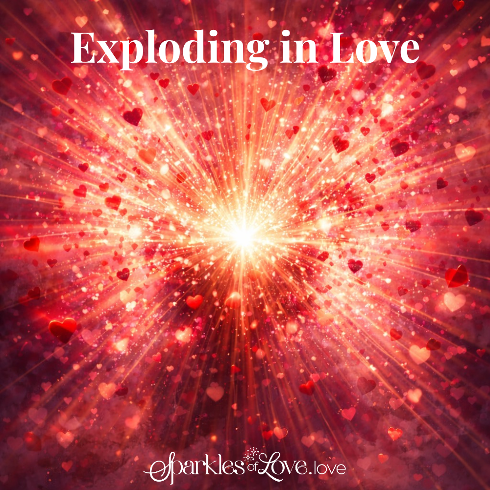 Red heart explosion with bright white center and pink-red rays, titled “Exploding in Love”