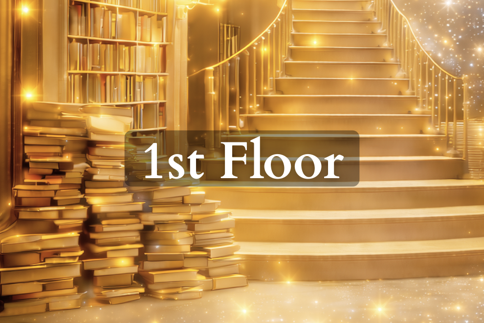 Golden stairway beside stacked books with “1st Floor” text on a glowing library-themed background