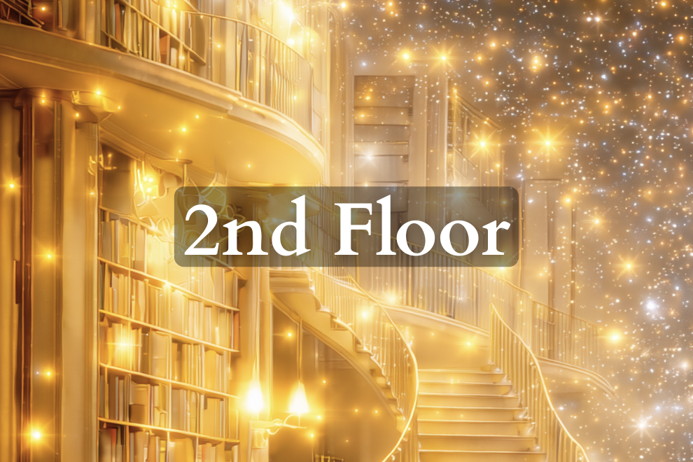 Golden library staircase with sparkling lights and a sign reading “2nd Floor”