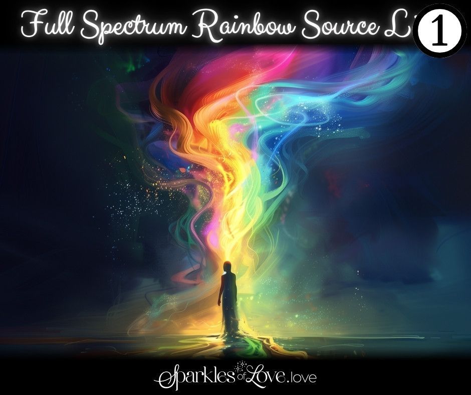 Glowing rainbow vortex above a silhouetted figure at night, with “Full Spectrum Rainbow Source” text.