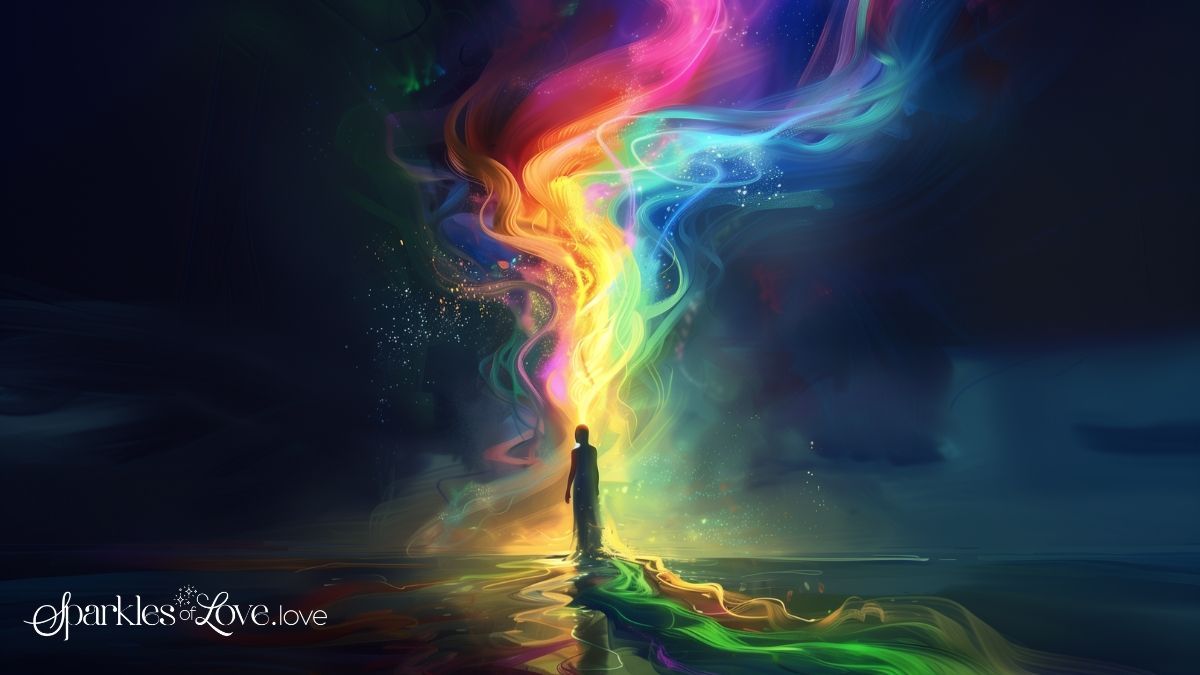 Silhouette of a person under a swirling rainbow beam in a dark, surreal landscape