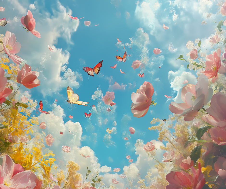 Butterflies flutter among pink blossoms against a bright blue sky with soft clouds.