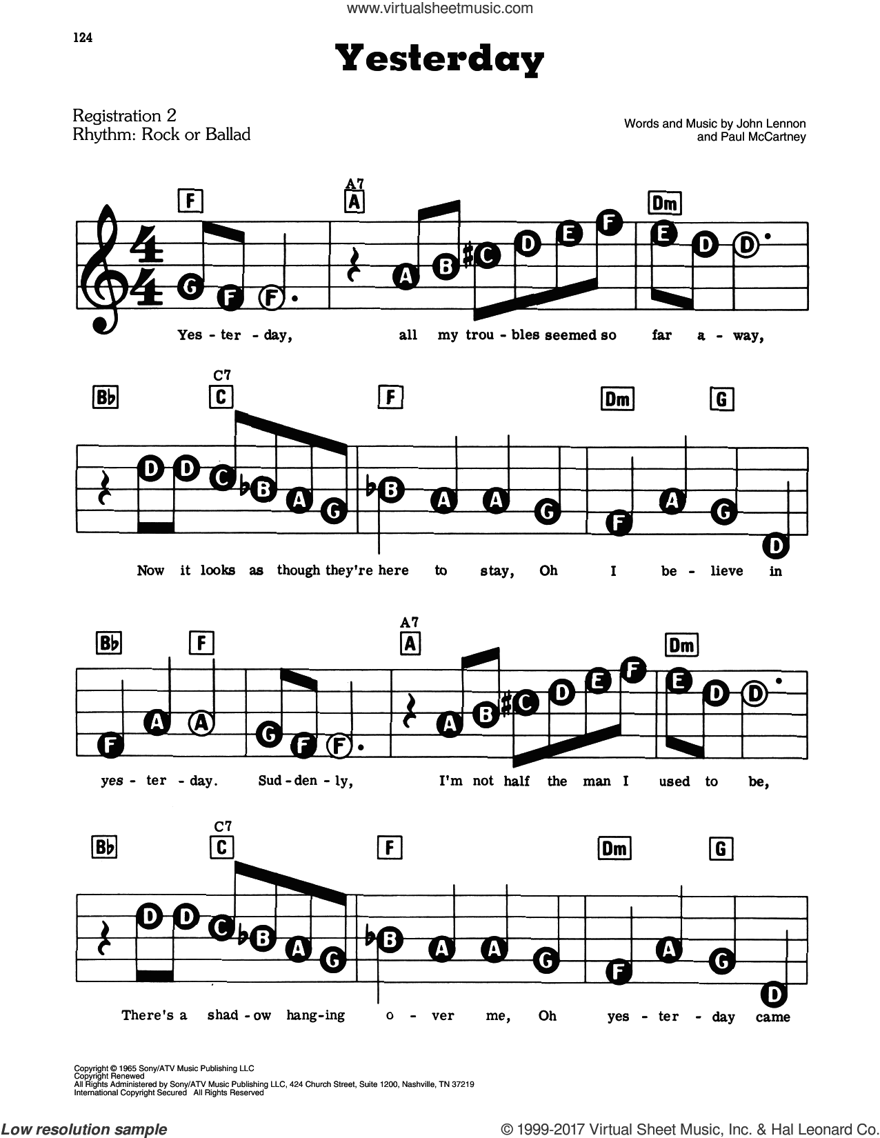 Sheet music titled “Yesterday” with guitar chord diagrams and staff notation.
