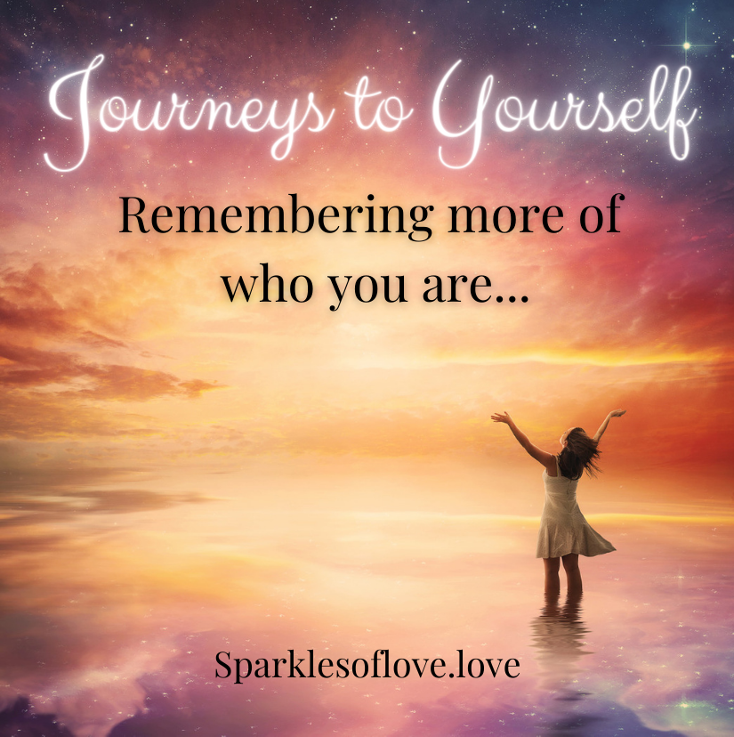 Sunset beach scene with a person raising arms, overlaid with the text “Journeys to Yourself”