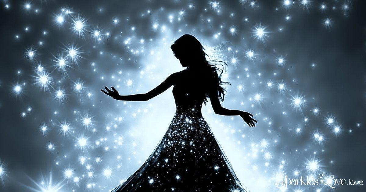 Lady Aurora, silhouetted dancer in a sparkling blue glow, with bright light dots of starlight in the background